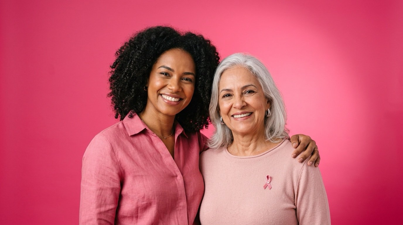 Duas mulheres de diferentes gerações sorrindo juntas
